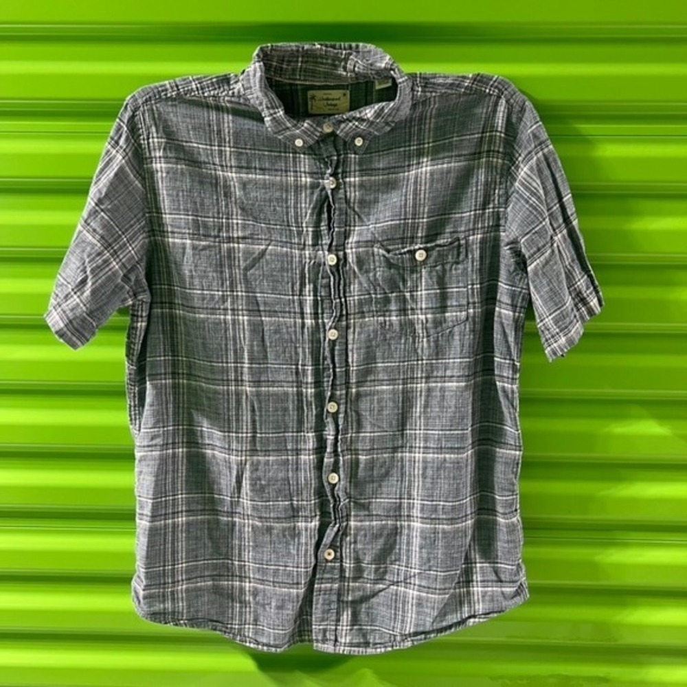 Weatherproof Vintage Mens Large Blue Plaid Washable Linen Short Sleeve Shirt